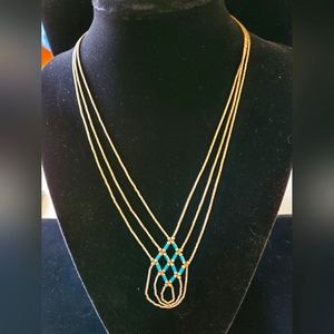 Vintage Woven Liquid Silver and Turquoise Bead Necklace 1970's Boho Southwest